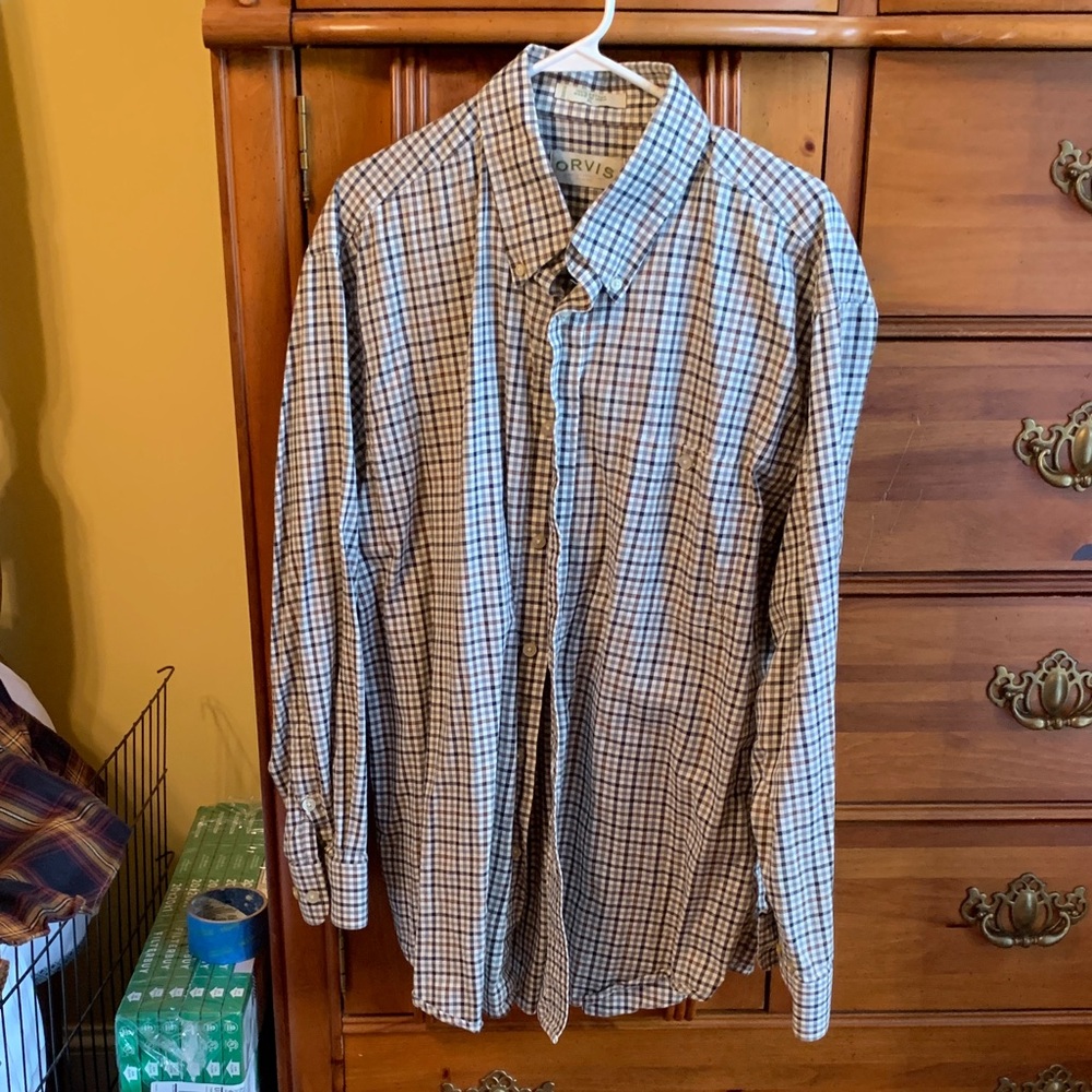 Orvis Men's Tan and White Plaid Shirt